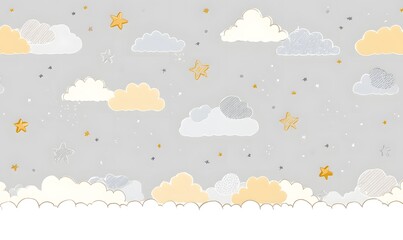 Cartoon sky background with fluffy clouds and stars in pastel colors for baby room decor or wallpaper