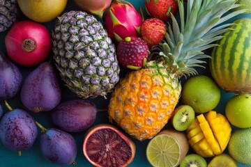 A variety of tropical fruits including pineapple, kiwi, and watermelon are neatly arranged on a bright blue surface, showcasing their colors Generative AI