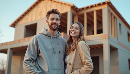 Young couple smiling  in front of a half-finished home under construction, showcasing hope and excitement for the future. Happy couple smiling in front of their new home 