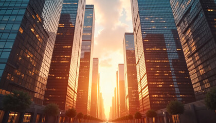 Fototapeta premium Modern skyscrapers reflecting golden sunset, towering above city street, dynamic urban elegance.