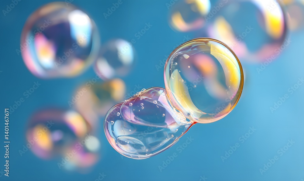 Poster a close up of iridescent soap bubbles floating against a light blue background with reflections