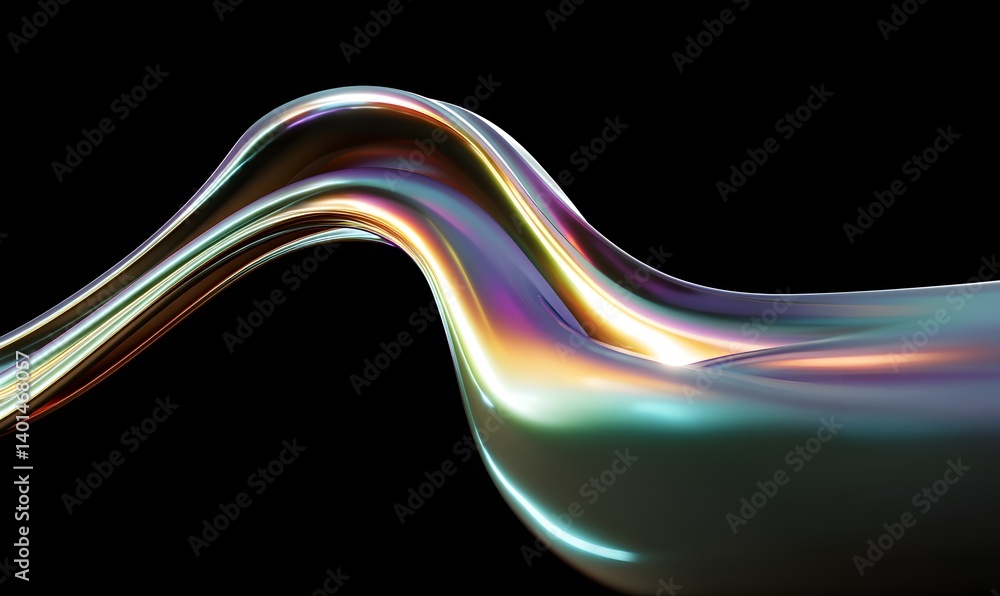 Poster iridescent wavy ribbon with a metallic sheen flowing across a dark black background in a smooth moti