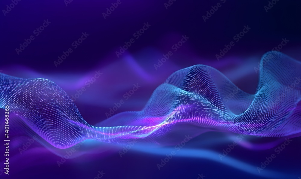 Poster abstract purple and blue waves formed by tiny dots on a dark background creating a futuristic look