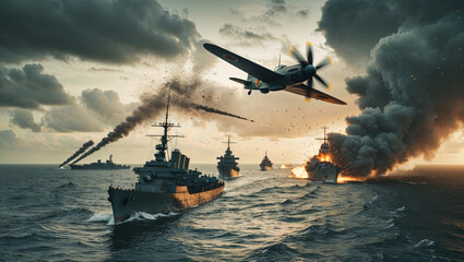 Dramatic scene of warships in a naval battle with an aircraft overhead, creating war.