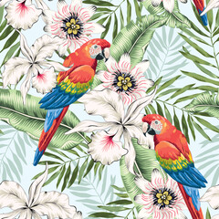 Tropical macaw parrots, green palm leaves, passion flowers, orchids, light background. Vector seamless pattern. Floral illustration. Exotic plants, birds. Summer beach design. Paradise nature