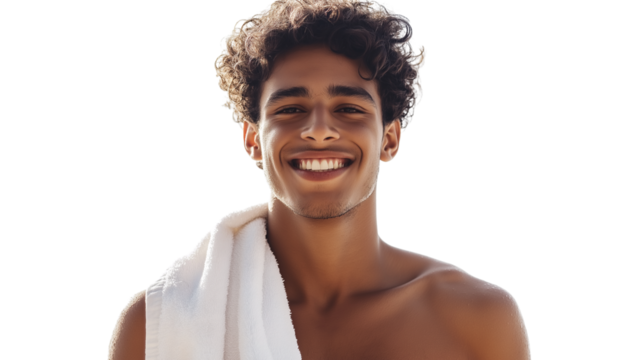 Young man with towel over shoulders, sun-drenched look, beach-ready smile, no hands visible png 