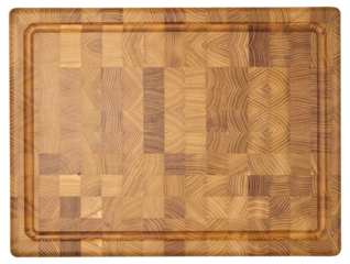 Top down view of a rectangular wooden cutting board made of end grain construction, showcasing a mosaic of wood patterns
