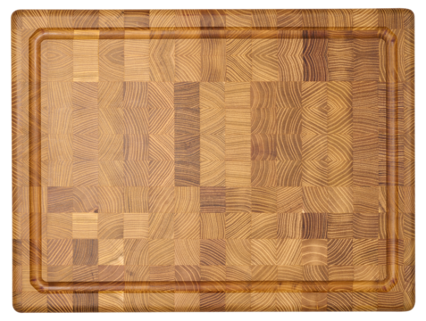 Top down view of a rectangular wooden cutting board made of end grain construction, showcasing a mosaic of wood patterns