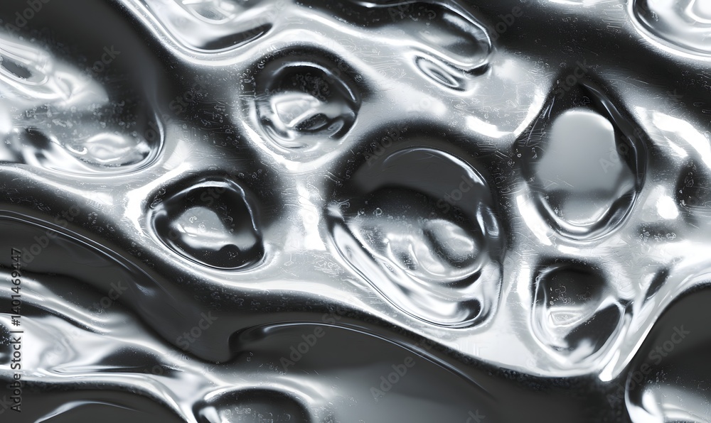 Poster close up view of a shiny and reflective silver surface with distorted and organic looking shapes