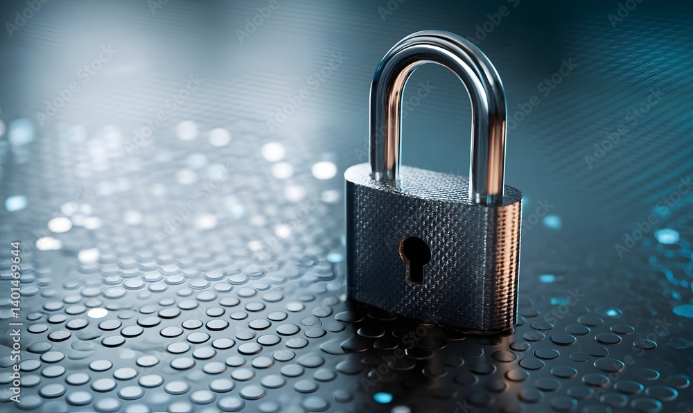 Poster a close up of a metallic padlock on a textured surface with blue light reflecting on the background