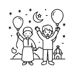 kids celebrating eid icon, kids celebrating eid line art - simple line art of kids celebrating eid, perfect for kids celebrating eid logos and icons