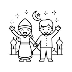 kids celebrating eid icon, kids celebrating eid line art - simple line art of kids celebrating eid, perfect for kids celebrating eid logos and icons