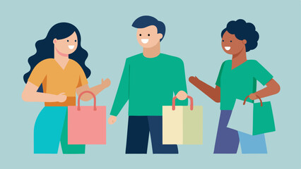 Shopping with SustainablyMinded Friends A group of friends shopping together each carrying their own unique reusable bags discussing ideas for wrapping gifts sustainably.