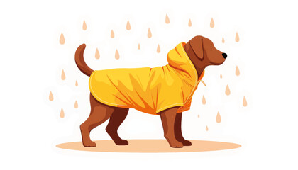 Dog wearing a vibrant yellow raincoat in summer shower, playful fun