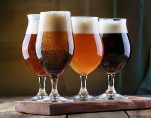 Variety of craft beers in tulip glasses on rustic wooden board