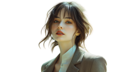 Stylish woman in summer business outfit, downtown background slightly blurred, confident look, cinematic colors, no hands, PNG waist-up