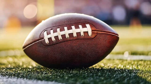 American football lying on green stadium field