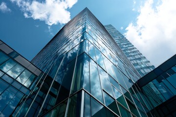 Obraz premium A sleek skyscraper with glass facade captures cloud reflections under a bright blue sky, showcasing contemporary architecture in the city Generative AI