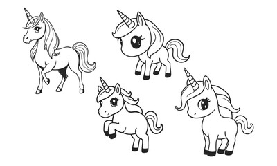 Cartoon unicorn set, vector unicorns, cute pony set, kids fantasy drawing, baby unicorns