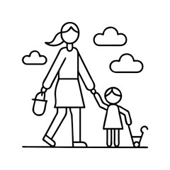 mom and child on a walk icon, mom and child on a walk line art - simple line art of mom and child on a walk, perfect for mom and child on a walk logos and icons