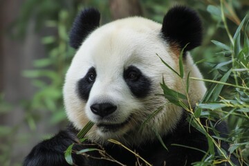 A giant panda munches on fresh bamboo among lush greenery, showcasing its playful demeanor in a natural setting Generative AI