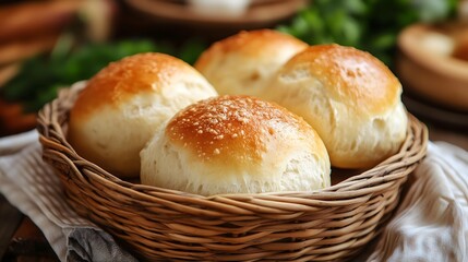 Freshly baked homemade dinner rolls with golden brown tops rest in rustic wicker basket on wooden table, copy space