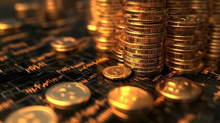 Wealth and trading chart with coin stacks high resolution picture