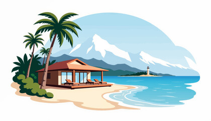 Naklejka premium Tropical beach resort cabin with mountain view, luxury getaway