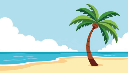 Obraz premium Tropical island paradise with palm tree and blue ocean, serene escape