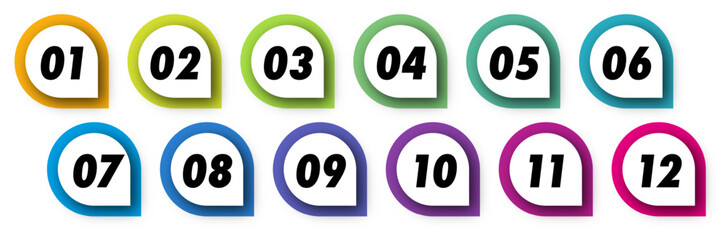 Bullet points numbers from 1 to 12 list markers colorful trendy typography