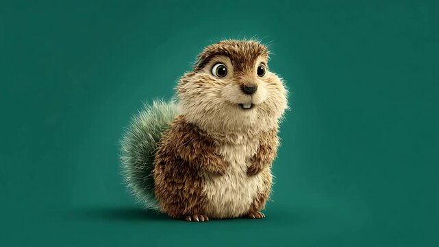 Adorable cartoon squirrel with fluffy tail posing against a solid green background
