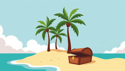 Treasure chest on deserted island with palm trees, adventure awaits
