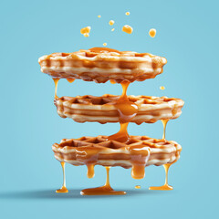 Floating Caramel-Drizzled Waffles on Light Blue Background