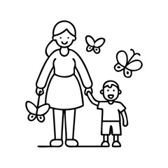 mom with butterfly icon, mom with butterfly line art - simple line art of mom with butterfly, perfect for mom with butterfly logos and icons