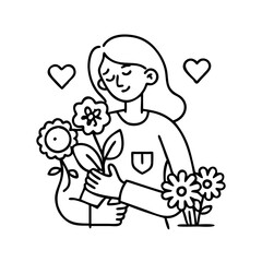 mom with flowers icon, mom with flowers line art - simple line art of mom with flowers, perfect for mom with flowers logos and icons