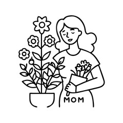 mom with flowers icon, mom with flowers line art - simple line art of mom with flowers, perfect for mom with flowers logos and icons