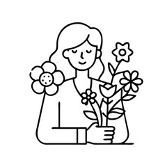 mom with flowers icon, mom with flowers line art - simple line art of mom with flowers, perfect for mom with flowers logos and icons