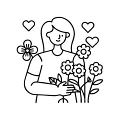 mom with flowers icon, mom with flowers line art - simple line art of mom with flowers, perfect for mom with flowers logos and icons
