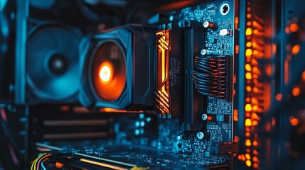 A close up view inside a computer case showing the motherboard and cooling system with orange and blue lights