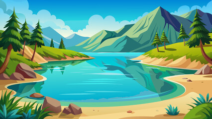 A peaceful lake with turquoise water, revealing the sandy bottom below
