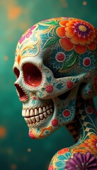Colorful day of the dead skull adorned with intricate floral patterns, symbolizing life and death in mexican culture.