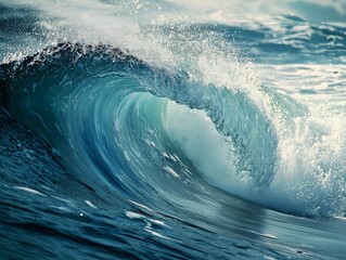 Powerful blue ocean wave curls into perfect barrel shape with spray flying as translucent wall catches sunlight. Landscape 4:3