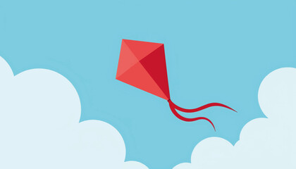 Classic red kite soaring in bright blue sky, playful freedom