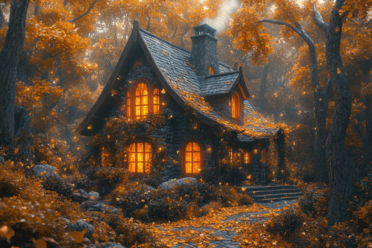 Small house in woods, surrounded by autumn leaves. - Powered by Adobe