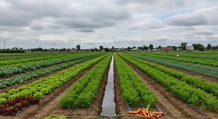 Organic Vegetable Garden with Lettuce, Carrot and Chives in Lines