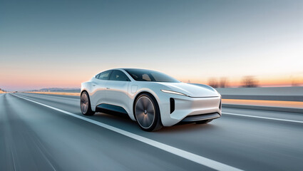 A sleek white electric car is speeding down a highway during a beautiful sunset.