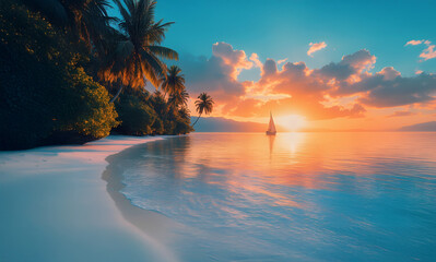 Sailing at sunset time sea sand beach. Panoramic Inspire tropical  seascape horizon. Orange and golden sunset sky calmness tranquil relaxing sunlight summer mood. Vacation travel holiday banner
