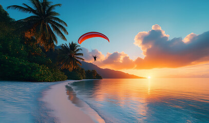 Sailing at sunset time sea sand beach. Panoramic Inspire tropical  seascape horizon. Orange and golden sunset sky calmness tranquil relaxing sunlight summer mood. Vacation travel holiday banner