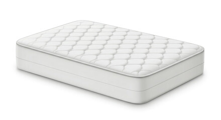 A pristine mattress promising restful sleep, featuring a luxurious quilted top and a clean, simple design against a bright white backdrop.
