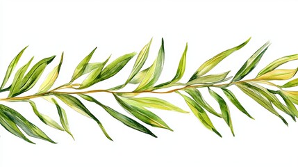 Fototapeta premium Watercolor painting of a branch with long green leaves on a white background illustration art 100